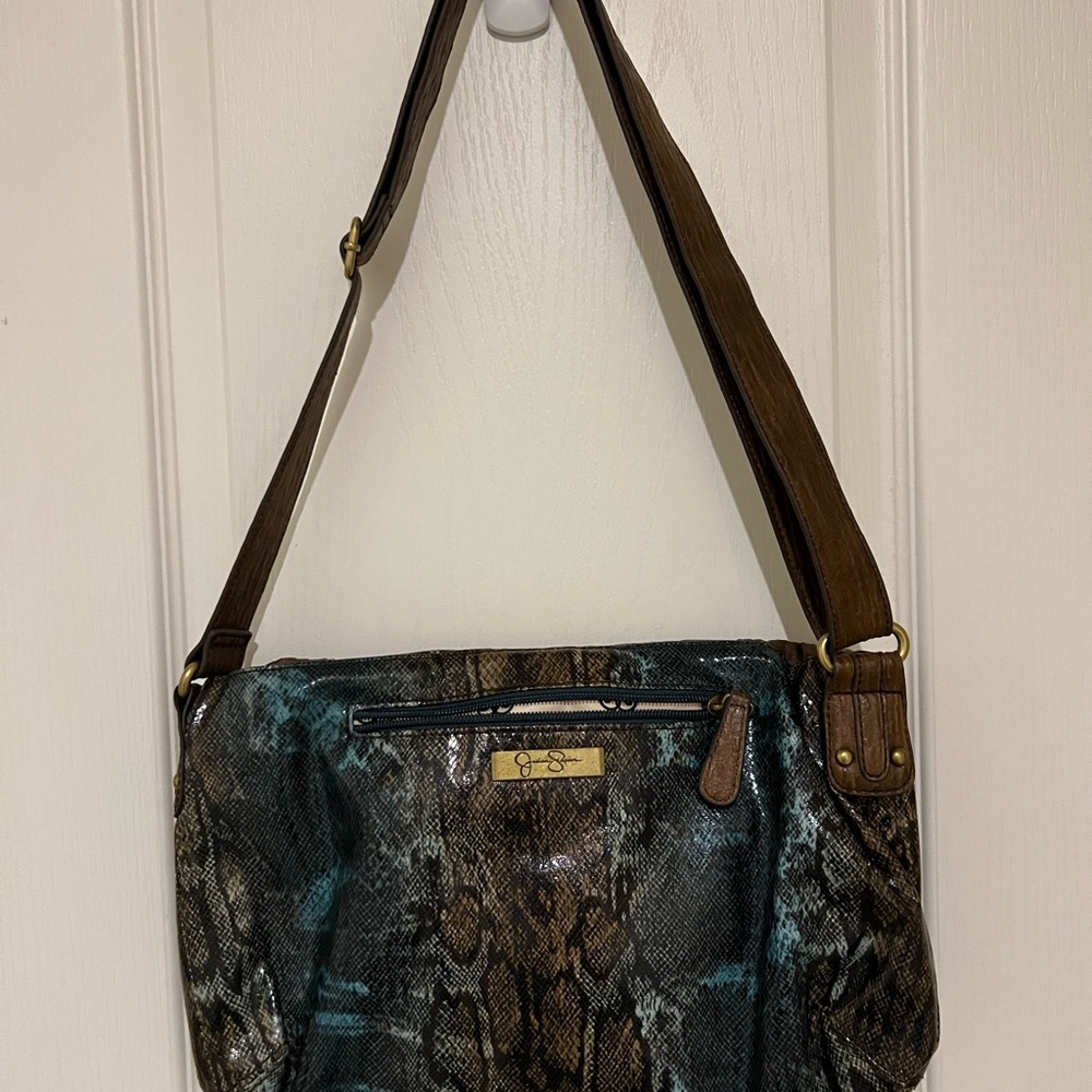 Jessica Simpson Stylish Brown and Blue Snake Print Shoulder Bag